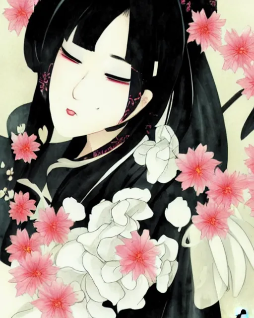 Prompt: a girl with black hair and black kimono, flower decoration on the background, a beautiful half body illustration, top lighting, perfect shadow, reduce saturation, leaning towards watercolor, art by hidari and srnmomo