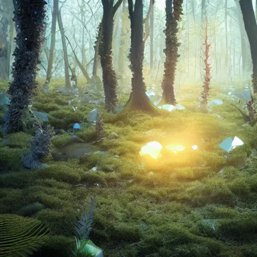 Prompt: alien forest made of many strange plants and glowing crystal, realistic, octane render