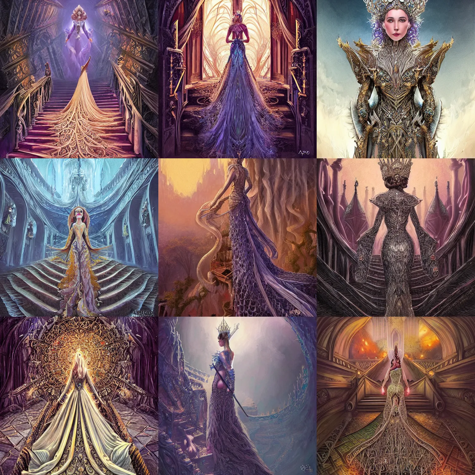 Prompt: Wizard Queen ascendings stairs at the MET Gala posing for the camera, intricate fantasy dress, fantasy, intricate, elegant, highly detailed, digital painting, smooth, sharp focus, illustration, dramatic lighting, artstation, in the style of Artgerm and Anna Podedworna and Alex Ross