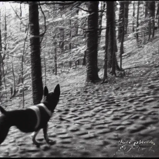 Prompt: dog looking at camera in les vosges forest at night, far away from camera, 70s photo, out of focus, motion blur, cctv footage