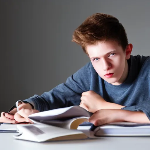 Image similar to a 1 7 years old boy, trying to study for his exams, realistic photo, hyper detailed, studio light