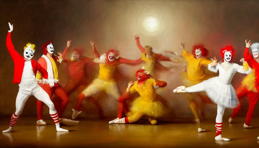 Image similar to highly detailed painting of a group of ronald mcdonalds with red afros, white facepaint, red noses and yellow tracksuits dancing at the ballet by william turner, by greg rutkowski, by william constable, thick brush strokes and visible paint layers, 4 k resolution