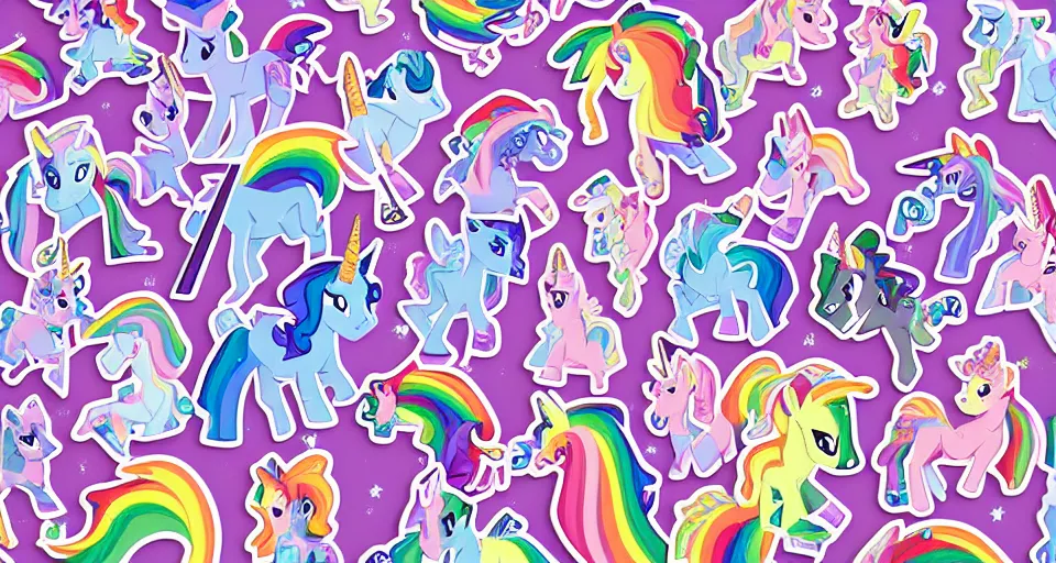 Prompt: a colorful unicorn sticker sheet of unicorns in style of my little pony
