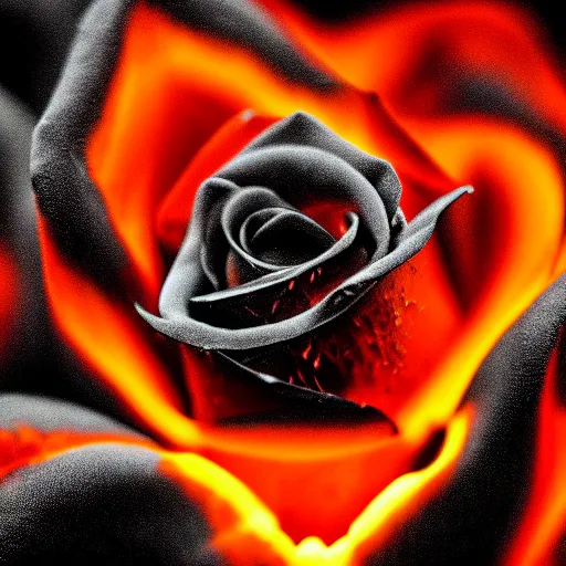 Image similar to award - winning macro of a beautiful black rose made of glowing molten magma