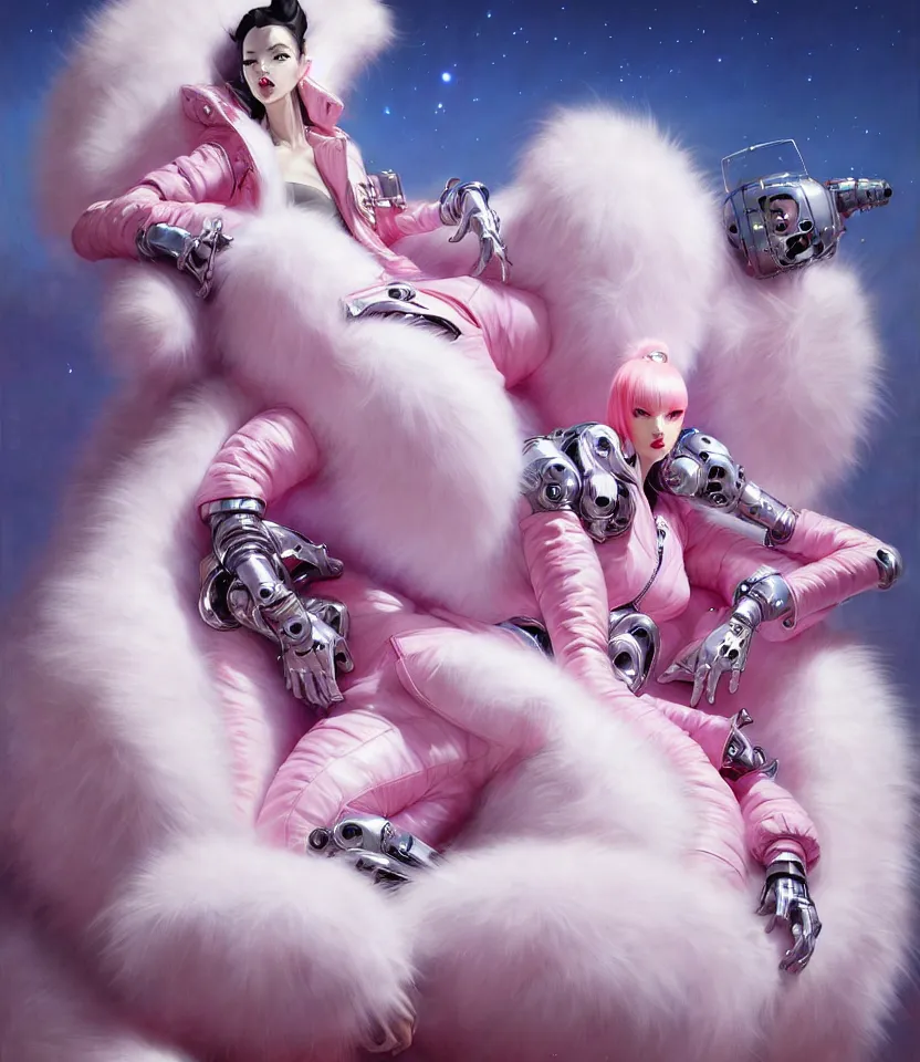 Image similar to beautiful fantasy character portrait, wearing pink puffy bomber jacket with white fur, seductive reclining pose, futuristic robots sitting, ultra realistic, dramatic lighting, robots, the fifth element artifacts, highly detailed by peter mohrbacher, hajime sorayama, wayne barlowe, boris vallejo, aaron horkey, gaston bussiere, craig mullins