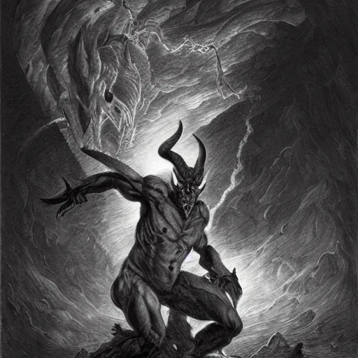 Image similar to full body grayscale drawing by Gustave Dore of muscled humanoid balrog beast with horns in heroic pose, swirling flames in background