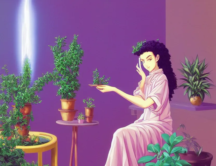 Prompt: middle eastern scifi alchemist in a well lit study with potted plants, wearing a lovely dress with vaporwave details. this oil painting by the award - winning mangaka has an interesting color scheme and impeccable lighting.