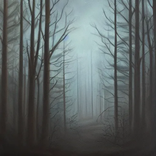 Image similar to haunted forest, eerie, glowing, shadowy, oil painting high detail