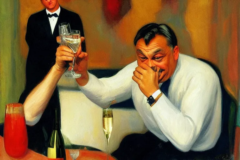 Image similar to viktor orban drinking champagne, highly detailed face by edward hopper