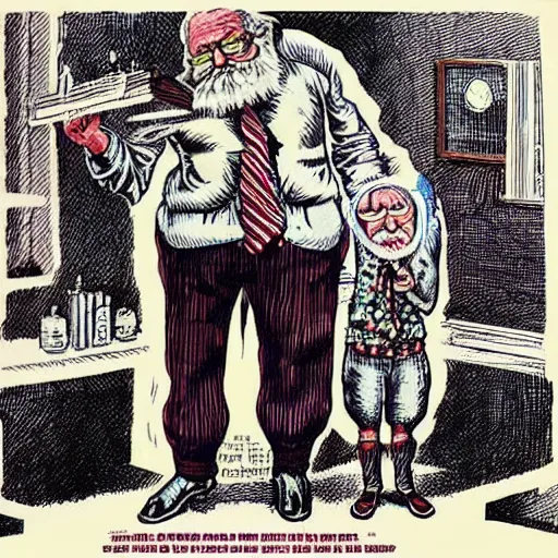 Prompt: The Artwork of R. Crumb and his Cheap Suit Santa Claus tells you to be good , pencil and colored marker artwork, trailer-trash lifestyle