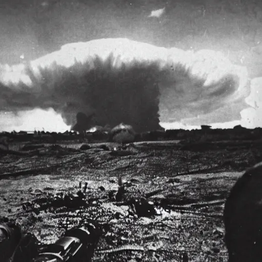 Image similar to a photo taken from inside of a trench showing a nuclear explosion in the distance, you can see the explosion's shockwave in the clouds, realistic, taken on a ww 2 camera.