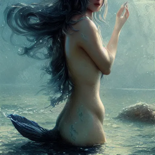 Prompt: beautiful girl turning into a mermaid, intricate, art by greg rutkowski, high detailed, 4 k,