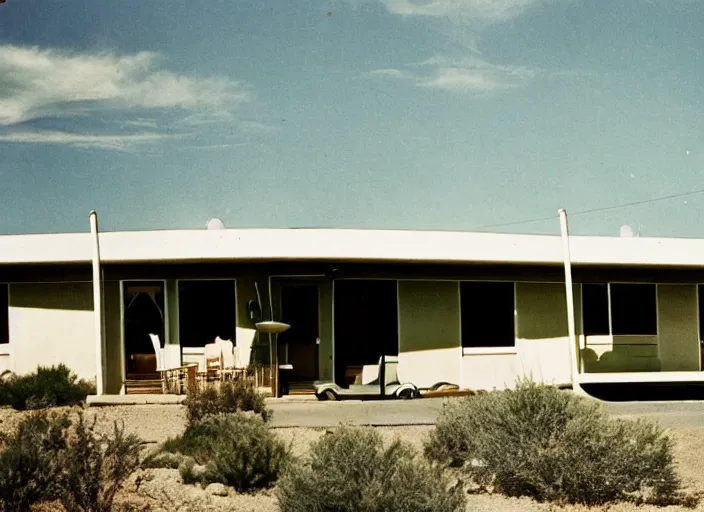 Prompt: a midcentury modern motel in santa fe new mexico in the year 1 9 6 7