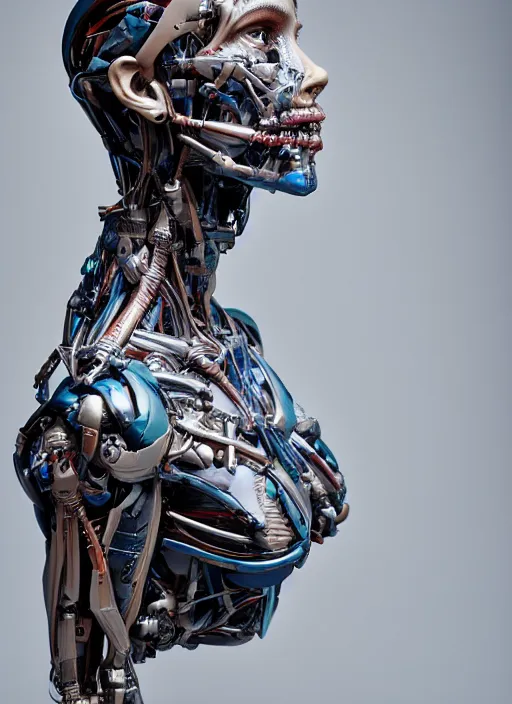 Image similar to a bust sculpture of anatomical detailed cyborg, meghan markle, blue blood, become human, ceramic base, orthographic, studio lighting