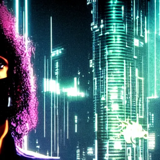 Image similar to Michael Jackson in a cyberpunk world reflecting at everyones mind