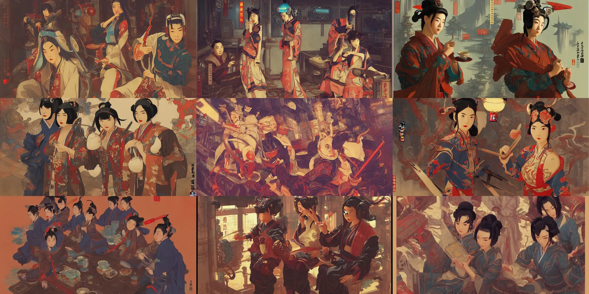 Prompt: ming dynasty, cyberpunk, in the style of studio ghibli, j. c. leyendecker, greg rutkowski, artem