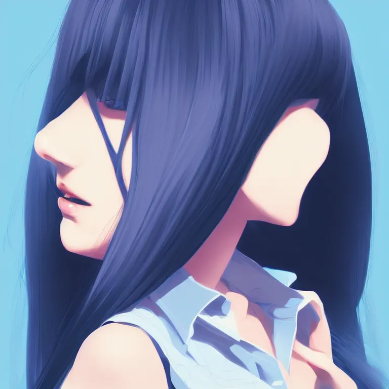 Image similar to urban high school girl in shirt fanart, dark blue long hair, muted colors, matte print, pastel colors, ornate, digital art, digital painting, fan art, elegant, artstation, by Ilya Kuvshinov