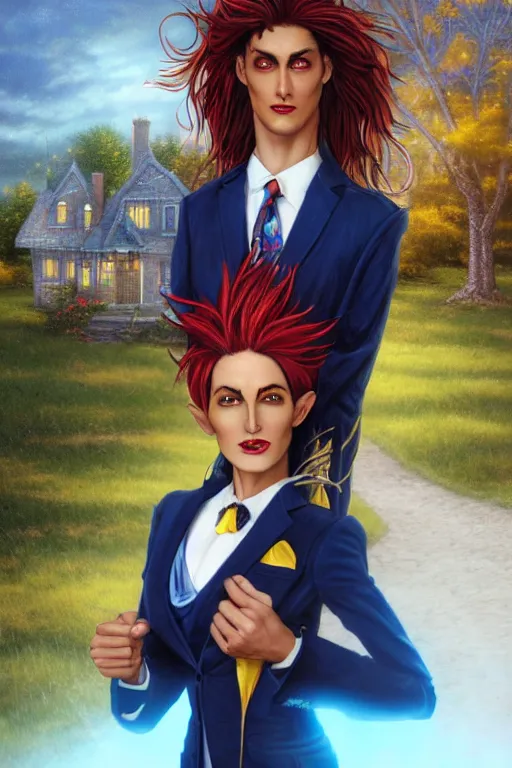 Prompt: portrait of a beautiful androgynous actress with long messy spiked red hair, golden eyes, dark skin, and tufted elf ears and dressed in a blue men's suit with a yellow tie by Julie Bell, with a cottage by Thomas Kinkade in the background, artstation, cinematic lighting