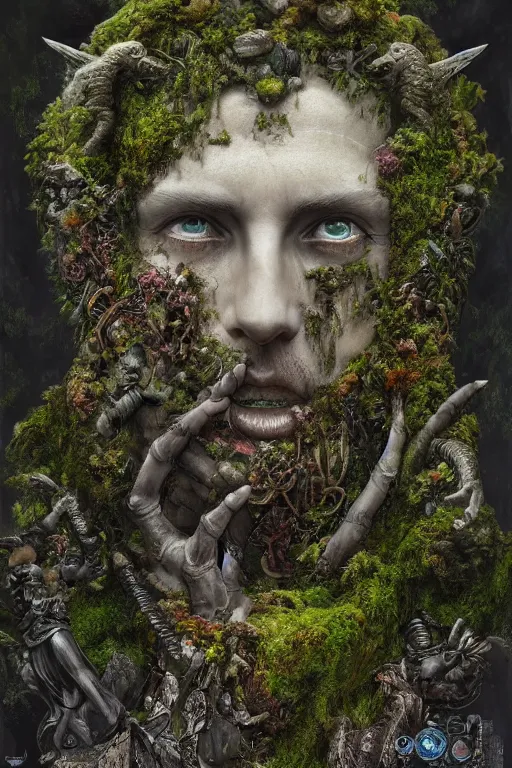 Prompt: very complex hyper-maximalist overdetailed cinematic darkfantasy portrait of a marble statue of a god covered in moss by andrei riabovitchev, tomasz alen kopera, oleksandra shchaslyva. Omnious intricate, octane, Deviantart, hyper detailed illustration, 8k