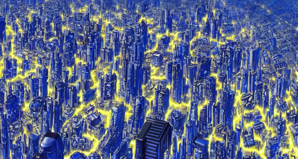 Prompt: a giant, futuristic city where everything is off the ground and is colored blue and gold, in the style of a star wars city, computer wallpaper