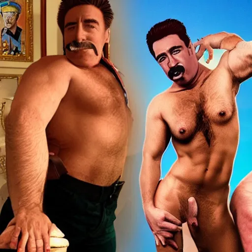 Image similar to lgbt art, tom of finland style, stalin, in billy herrington body, gay, funny art, communism, art in 4 k, high quality