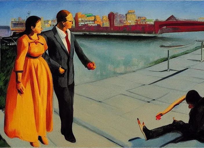 Image similar to painting, young lovers holding hands walking by river, she's wearing rags and feathers from salvation army counters, and the sun pours down like honey on our lady of the harbor church in montreal, by paula rego, by neo rauch, by edward hopper