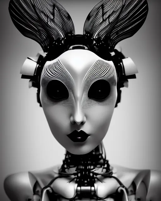 Image similar to surreal mythical dreamy dark artistic black and white fine art 3 / 4 fashion portrait photo of a young beautiful delicate female robot with orchid - owl face, rim light, cinematic, studio dramatic light, poetic, masterpiece, octane render, 8 k, photo - realistic by hg giger and man ray