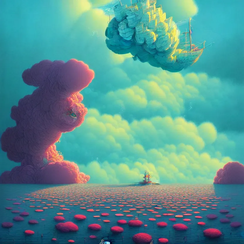 Image similar to sea cloud, summer morning, very coherent and colorful high contrast, art by! gediminas pranckevicius! geof darrow, pastel color, volumetric lighting, cinematic, floralpunk screen printing woodblock, dark shadows, hard lighting, stippling art