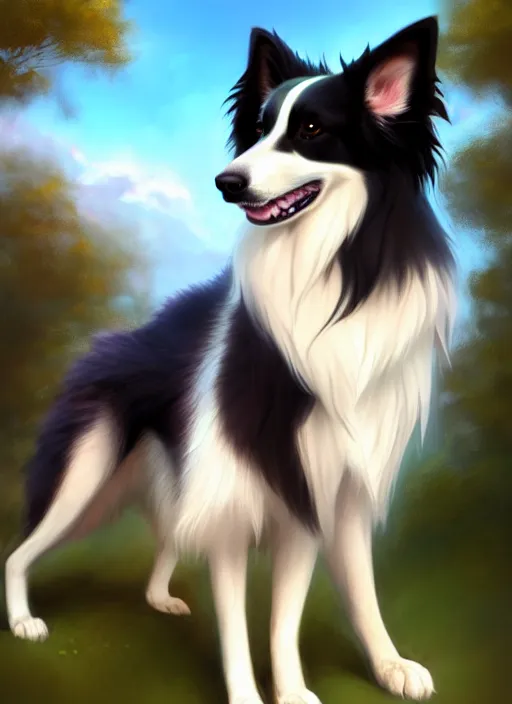 Prompt: wide angle beautiful full body portrait of a cute anthropomorphic anthro male border collie fursona with two legs posing in front of a park, character design by charlie bowater, henry asencio, and ross tran, furry art, furaffinity, scenic background, beautiful, glamor pose, detailed, aesthetic, trending on artstation