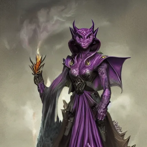 Prompt: ferocious purple female dragonborn, wearing a cape, wizard robe, sinister and stylish, pretty, beautiful, dnd character art portrait, matte fantasy painting, deviantart artstation, by jason felix, by steve argyle, by tyler jacobson, by peter mohrbacher, cinema