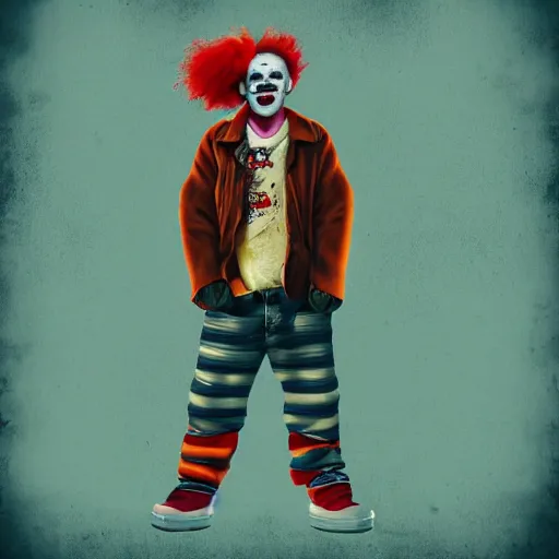 Prompt: « grunge illustration worn down clown, with a very depressing background and lights »