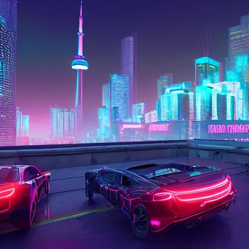 Image similar to Neon cyberpunk cityscape including CN tower of Toronto Canada with flying cars and advertisement screens, Blender 3D, Unreal Engine, 8k, by Jordan Grimmer and Andrea Pozzo