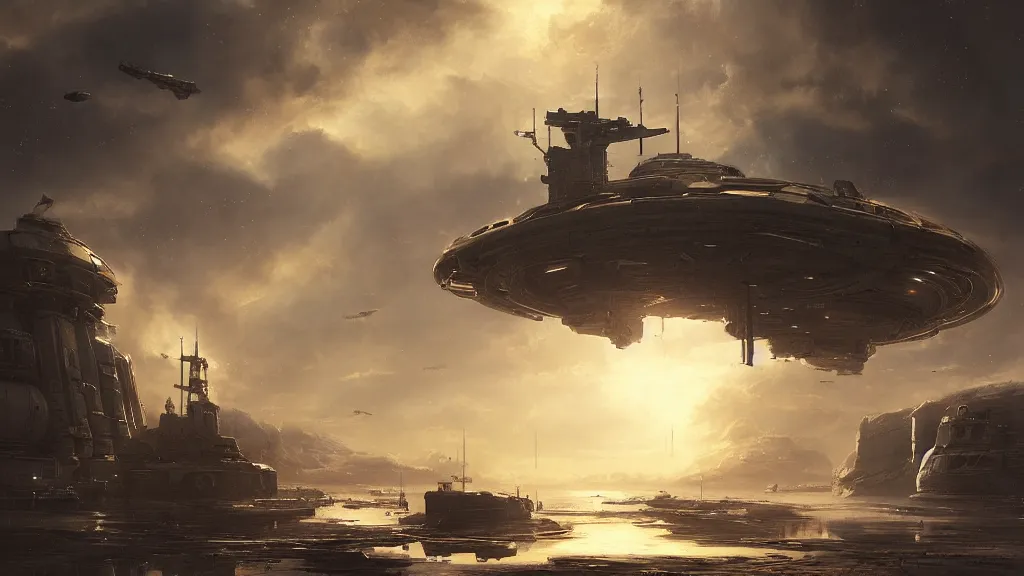 Image similar to worn spaceship docked at the glorious empire's largest orbital station. andreas achenbach, artgerm, mikko lagerstedt, zack snyder