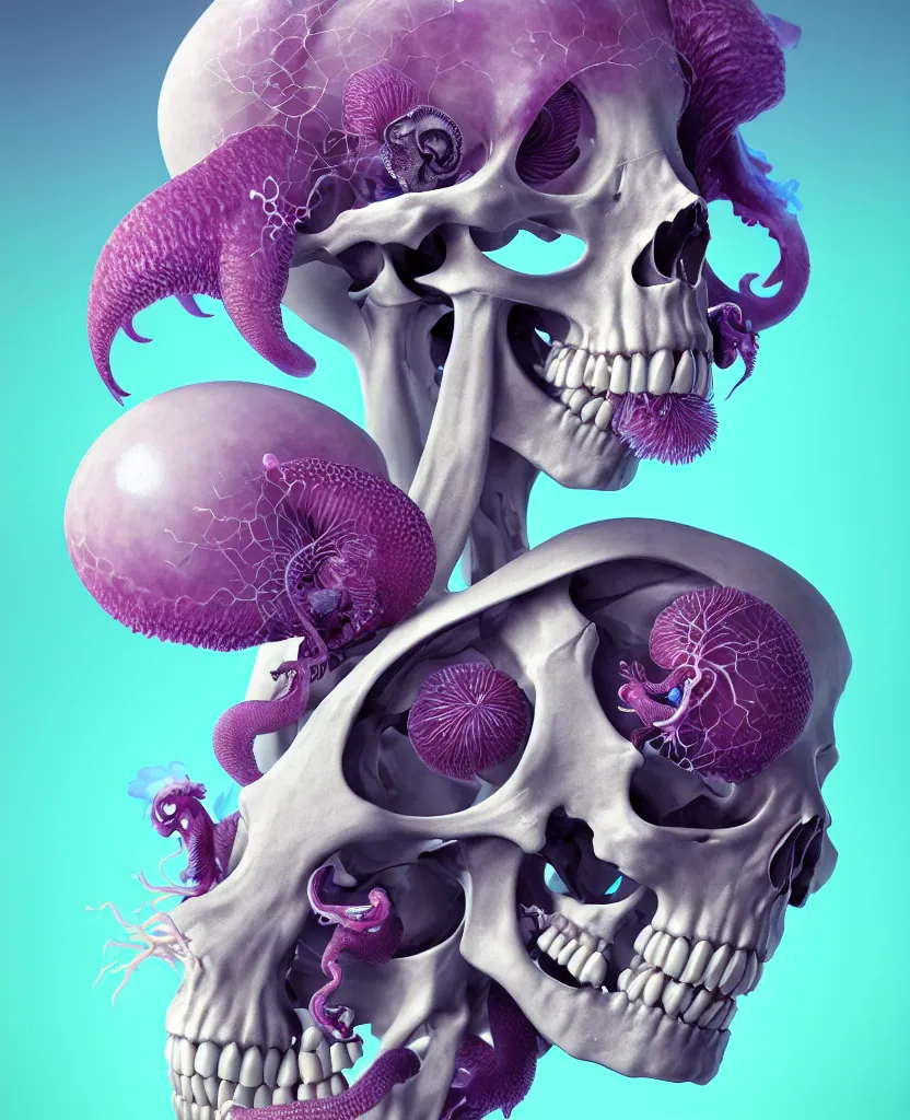 Image similar to absolute symmetry!! goddess close - up portrait human skeleton, ram skull, squid phoenix jellyfish, orchid, betta fish, bioluminiscent, intricate artwork by tooth wu and wlop and beeple. octane render, trending on artstation, greg rutkowski very coherent symmetrical artwork. cinematic, hyper realism, high detail, octane render, 8 k