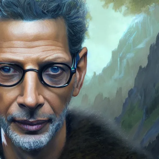 Prompt: jeff goldblum as a realistic fantasy d & d wizard, closeup portrait art by donato giancola and greg rutkowski, realistic face, digital art, trending on artstation