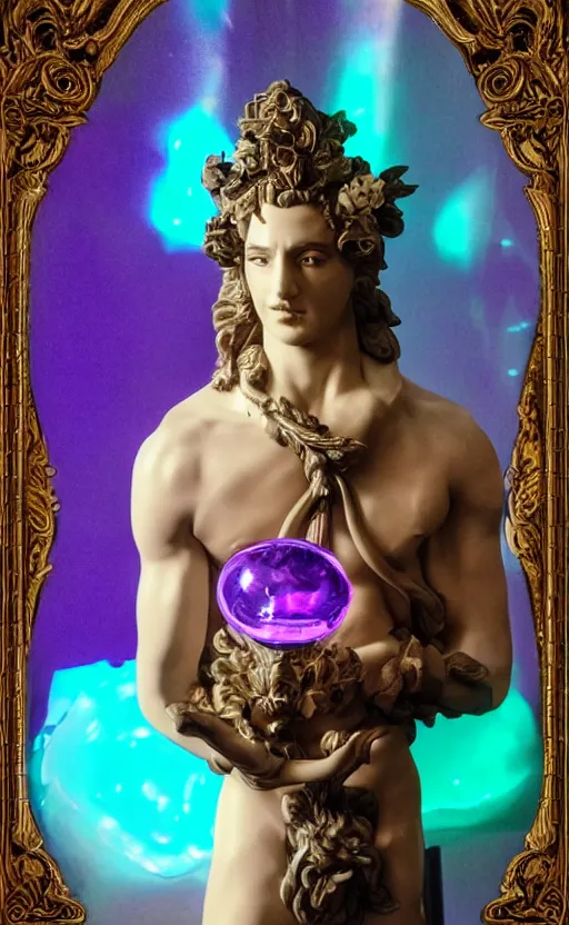 Image similar to a young handsome seductive latino porcelain sculpture of a prince with a head of a CRT monitor and a large glowing violet crystal in the center of his chest, full-body bronze cyberpunk style statue of Andromeda with glowing green laser eyes, crown of mechanical chrysanthemums, flowing aqua silk, fabric, steampunk flowers. baroque elements, human hands. full-length view. baroque element. intricate artwork by caravaggio. many flying horses on background. Trending on artstation, octane render, cinematic lighting from the right, hyper realism, octane render, 8k, depth of field, 3D