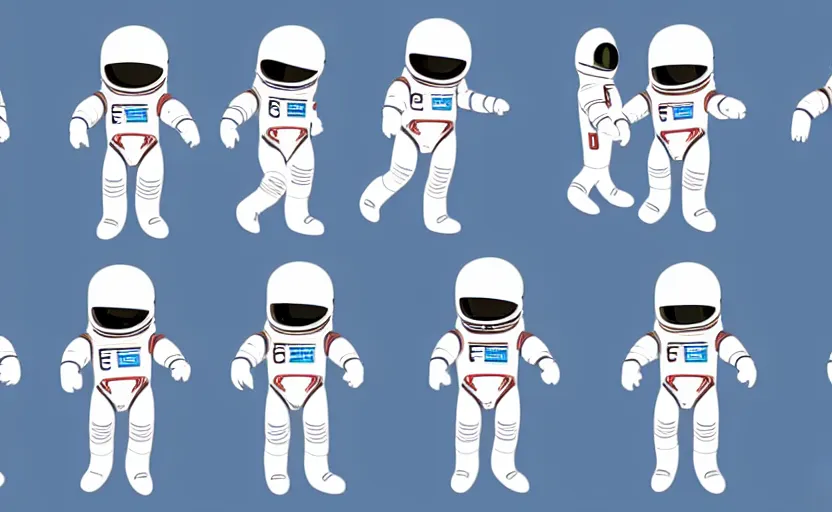 Image similar to 4 frame walk cycle of a cartoon astronaut, walk cycle animation sheet