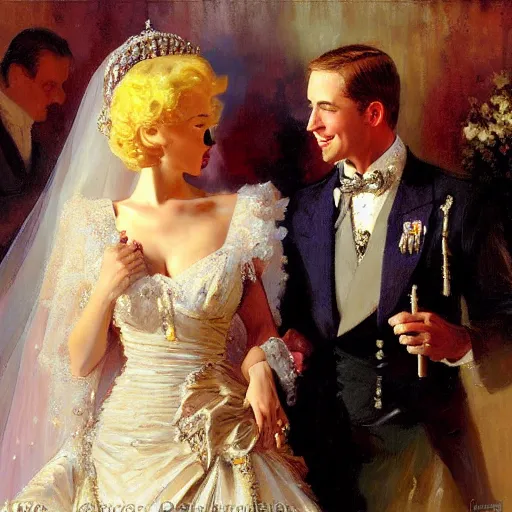 Image similar to detailed painting of prince william marrying attractive marilyn monroe, highly detailed painting by gaston bussiere, craig mullins, j. c. leyendecker 8 k, smiling couple, royal painting