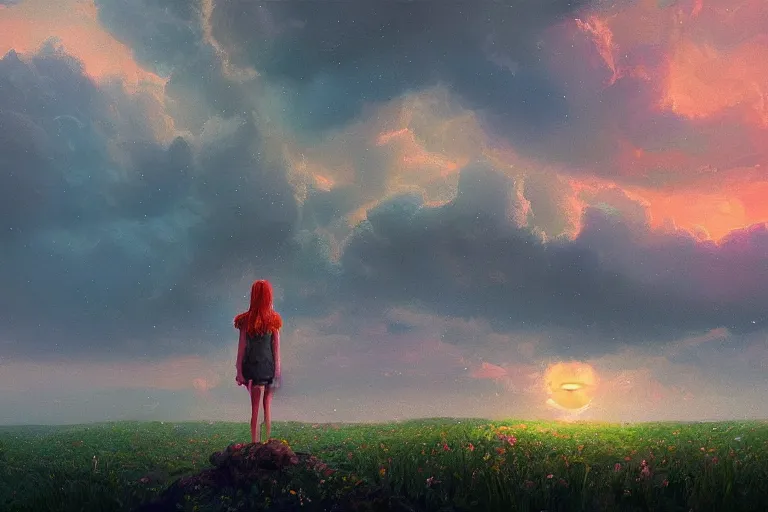 Image similar to giant flower over head, girl standing on cliff, surreal photography, sunset, stars, dramatic light, impressionist painting, storm clouds, digital painting, artstation, simon stalenhag