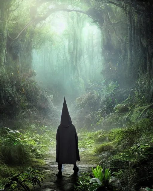 Prompt: a wise wizard walking towards a ravenous, horrific ruin of hades in a densely overgrown, magical jungle, fantasy, dreamlike sunraise, stopped in time, dreamlike light incidence, ultra realistic