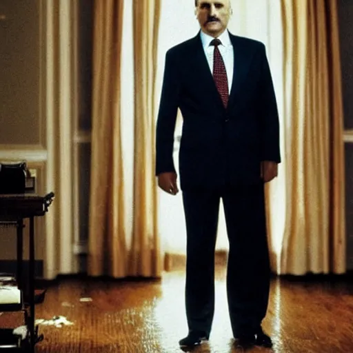 Prompt: Alexander Lukashenko as the American Psycho, staring psychopathically, sweating hard, cinematic still