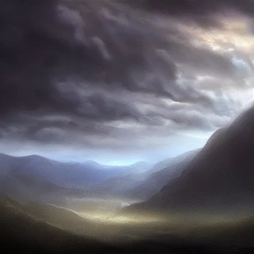 Image similar to a dark cloudy !!hand!! in a valley reaching out of the sky trying to touch the ground, matte painting, fantasy art