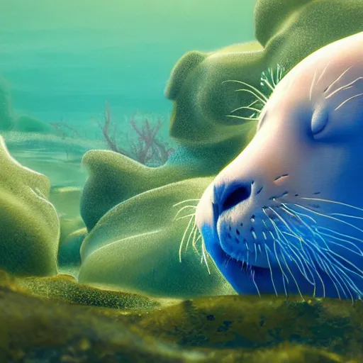 Prompt: Prince in pastel!!!!, A seal sleeping peacefully in a kelp forest, cinematic, hyper realistic, detailed, 8k, octane render.