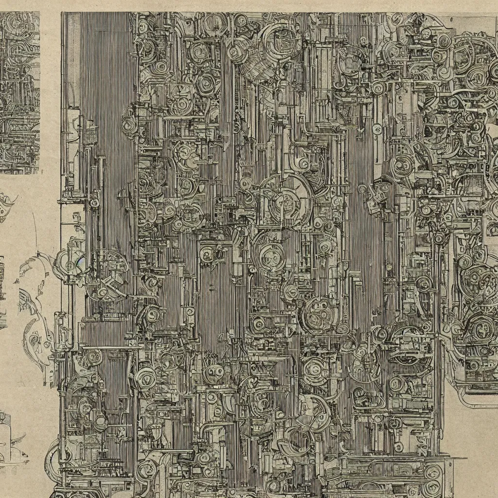 Image similar to close - up on detailed, intricate technical drawings from 1 8 4 0 for a mechanical display attachment to babbage's difference engine, showing a screen playing tetris