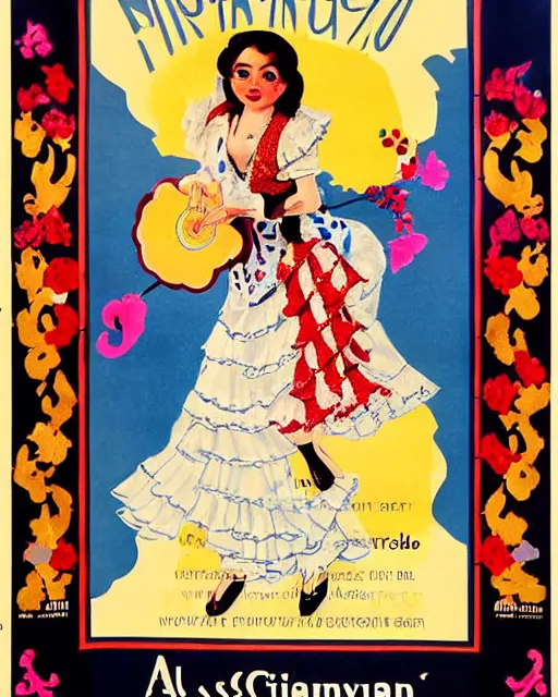 Image similar to an advertising poster of a flamenco gipsy marin doll, retro style of andalusian fair poster