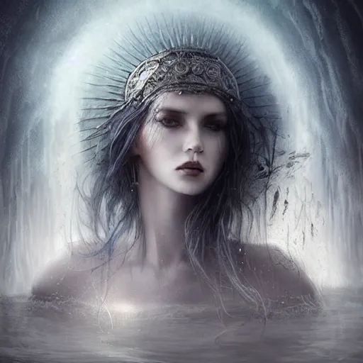 Image similar to kerli koiv as the lady of the lake, darkwave, darksynth, concept headshot art, sharp, digital matte painting, art by luis royo, greg rutkowski, wlop, dramatic lighting, trending on artstation