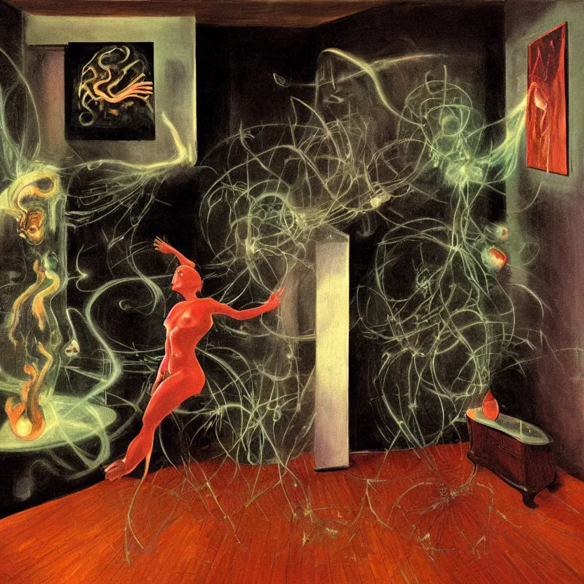 Image similar to Detailed image of a woman bouncing in a living room of a house, floating dark energy surrounds the middle of the room. There is one living room plant to the side of the room. Goddess of flame surrounded by a background of dark cyber mystic alchemical transmutation heavenless realm, by francis bacon and Jenny seville, midnight hour, part by adrian ghenie, part by jeffrey smith, part by josan gonzales, part by norman rockwell, part by phil hale, part by kim dorland, artstation, highly detailed