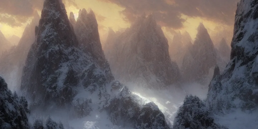 Prompt: screenshot of a craggy snowy valley with huge spires of rock and ice sticking out of it, low level mist and clouds, rim light, fps, thomas kinkade, by craig mullins, james gurney, greg rutkowski, sparth, mucha, cinematography, cinematic masterpiece