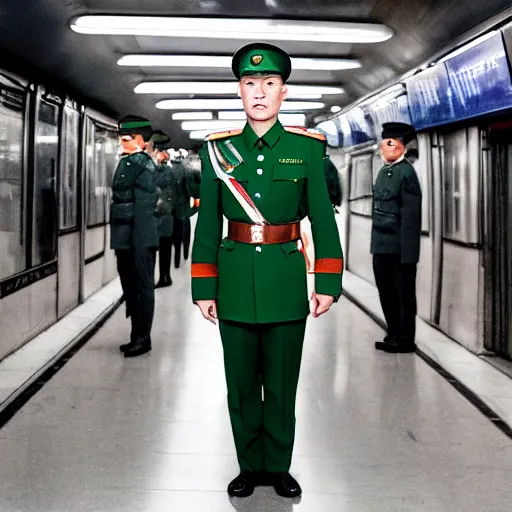 Prompt: cinematic shot of a bald young white man wearing a green chinese maoist military uniform standing in a Subway, 8k, very intricate, very detailed,