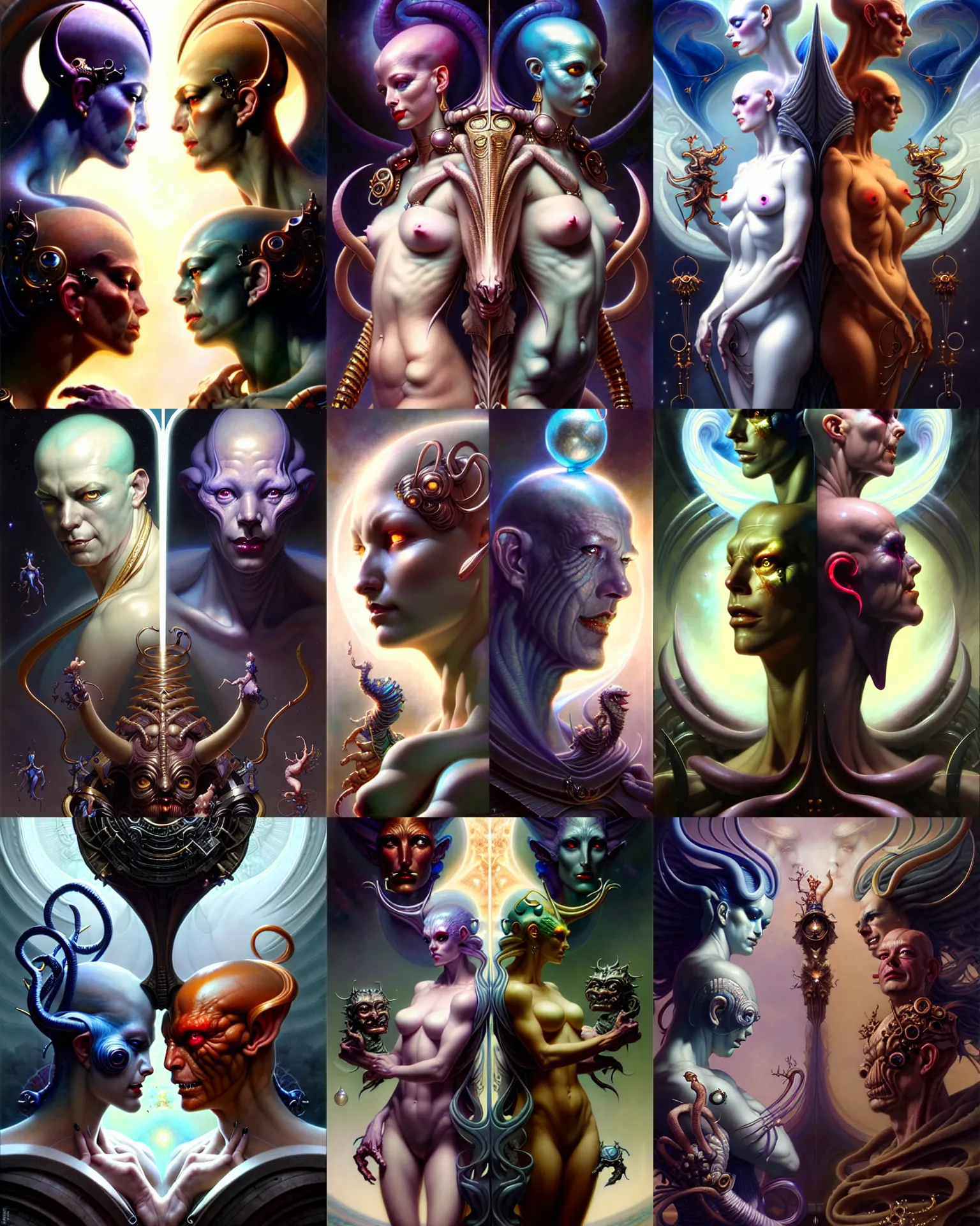 Image similar to beautiful gemini good and evil, happy and sad faces, fantasy character portrait, ultra realistic, wide angle, intricate details, the fifth element artifacts, highly detailed by peter mohrbacher, boris vallejo, hajime sorayama, wayne barlowe, aaron horkey, gaston bussiere, craig mullins